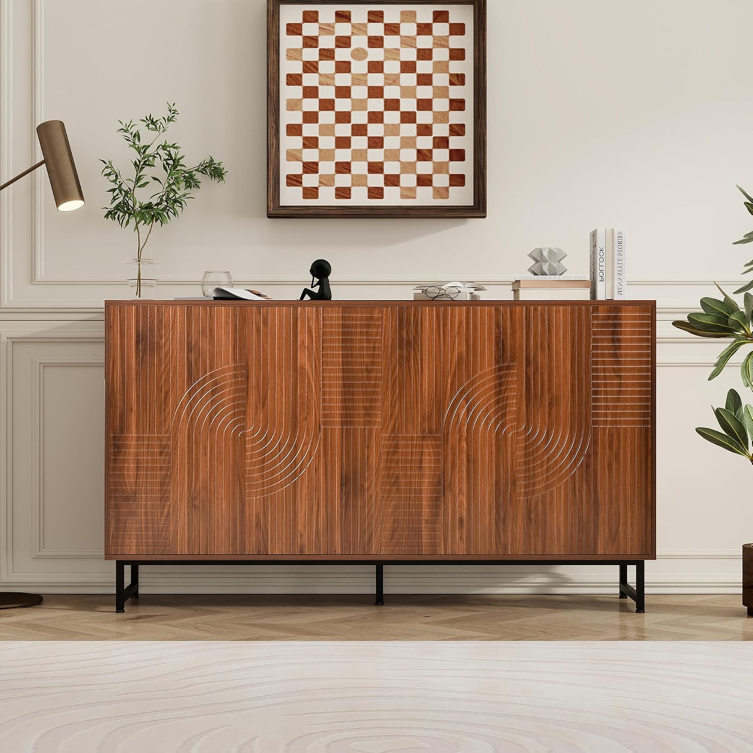 Mid-Century Modern Walnut Sideboard Buffet Cabinet, 59*16*33 inches Geometric Carved Storage Cabinet with Metal Legs, Coffee Bar Entryway Console Table Storage for Dinning Room, Living Room
