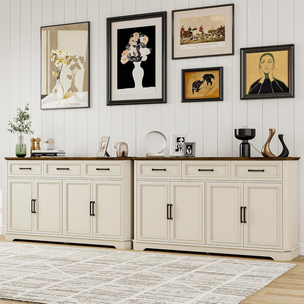 64 Inch Farmhouse Buffet Cabinet, Large Sideboard & Buffet with 4 Doors and 3 Drawers, Modern Credenza with Storage for Dining Room, Living Room, Kitchen, Antique White