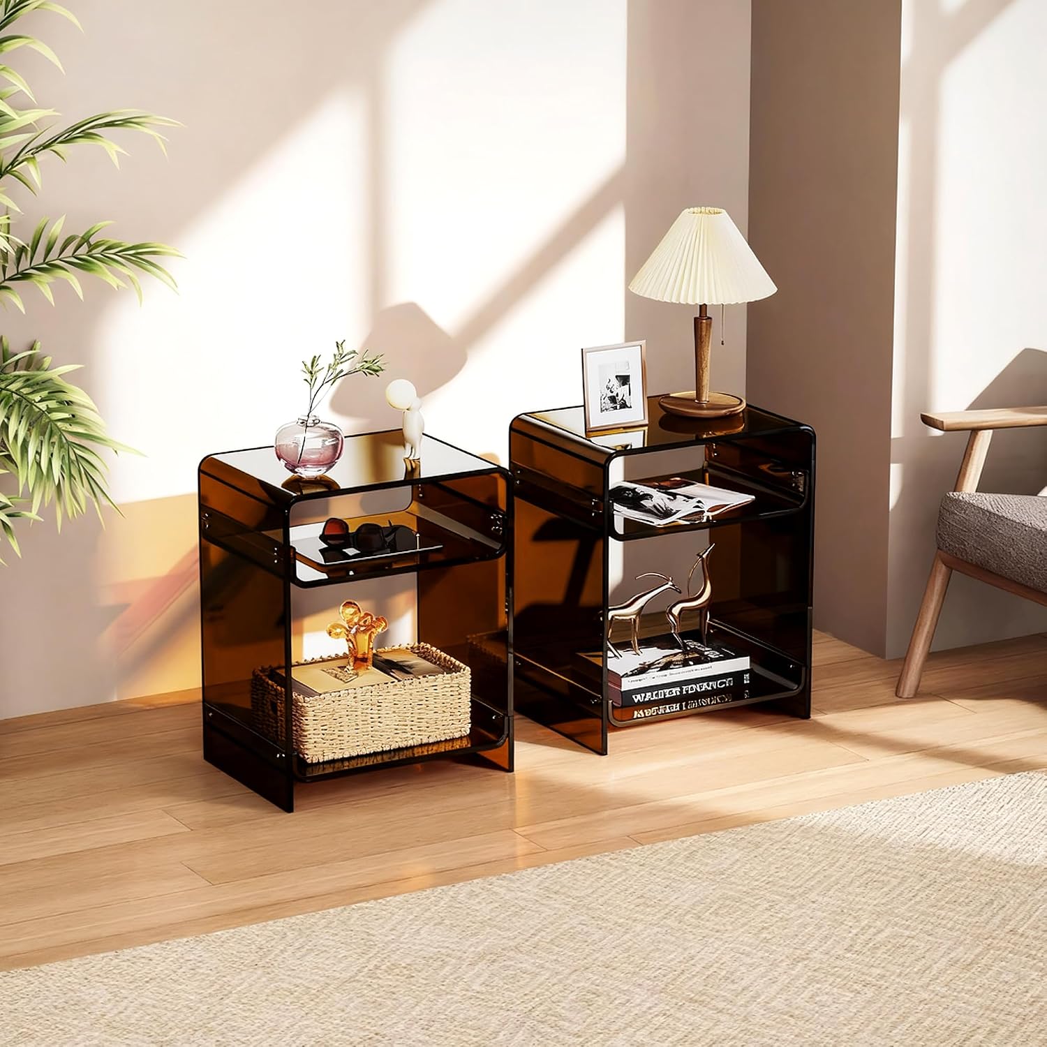 Acrylic End Table Record Player Table with Storage Shelf Clear Side Table Nightstand (Dark Brown Set of 2)