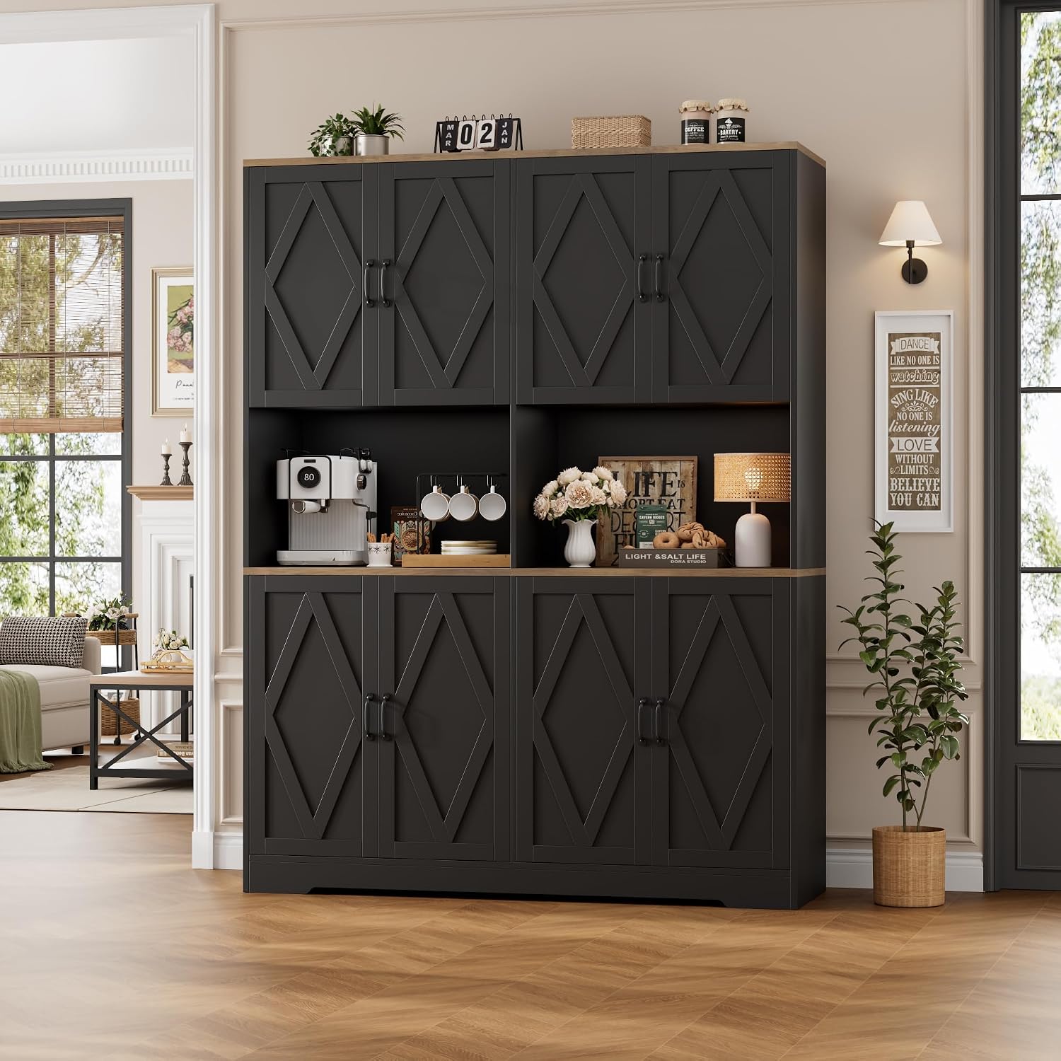 HOSTACK 71" Tall Pantry Cabinet, 55" Wide Kitchen Pantry Storage Cabinet, Large Kitchen Hutch with 2 Microwave Stands, Farmhouse Coffee Bar Station with Doors and Shelves for Dining Room, Black