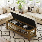 Befurtori Large Rectangular Upholstered Ottoman Bench, Linen Tufted Footrest Ottoman with Solid Wood Shelf Storage Coffee Table for Bedroom Living Room, Ivory