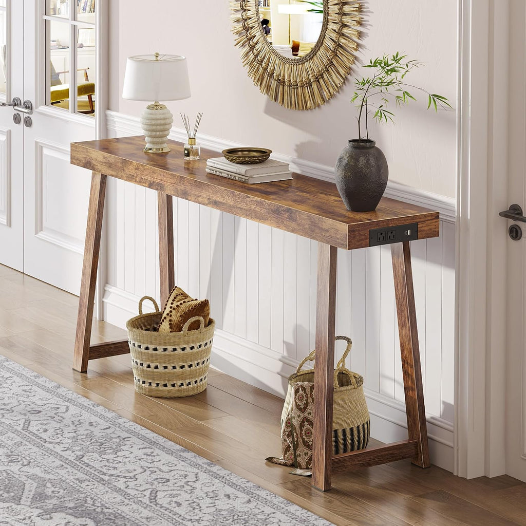 Huuger Entryway Console Table with Charging Station, USB-C Port, 53.9 Inch Sofa Table with Metal Legs, Entry Hallway Table with Thicker Desktop, Modern Behind Couch Table, Rustic Brown
