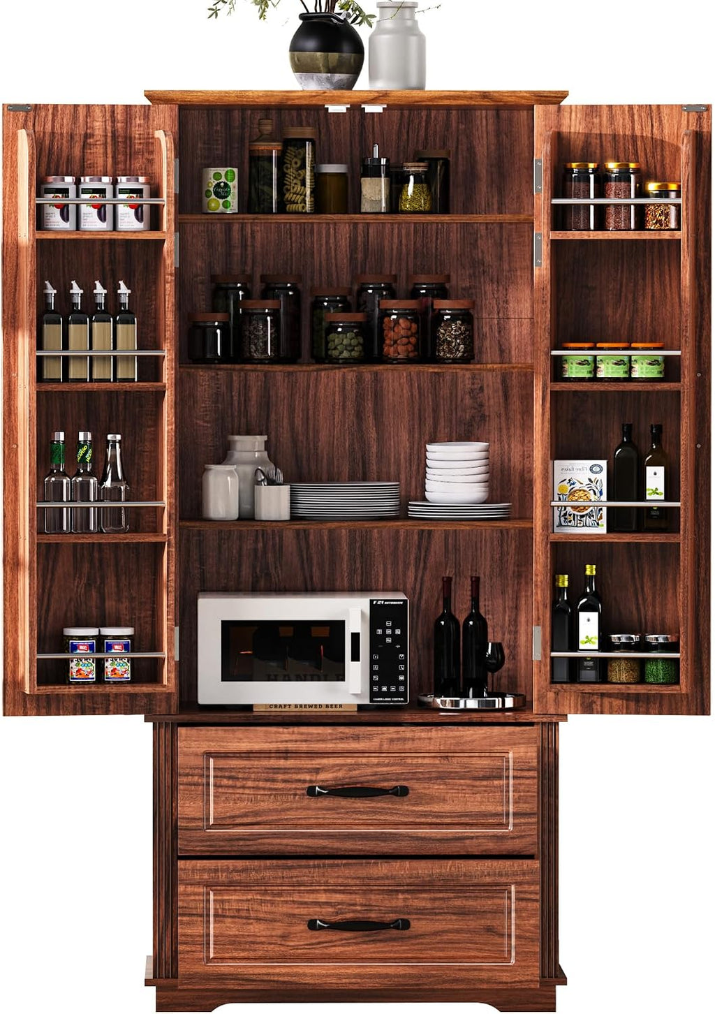 71" Farmhouse Kitchen Pantry Cabinet with 2 Large Drawers,Embossed Texture Freestanding Cupboard with 8 Door Shelves and 3 Cabinet Shelves for Kitchen,Dining Room,Living Room,Laundry,Brown