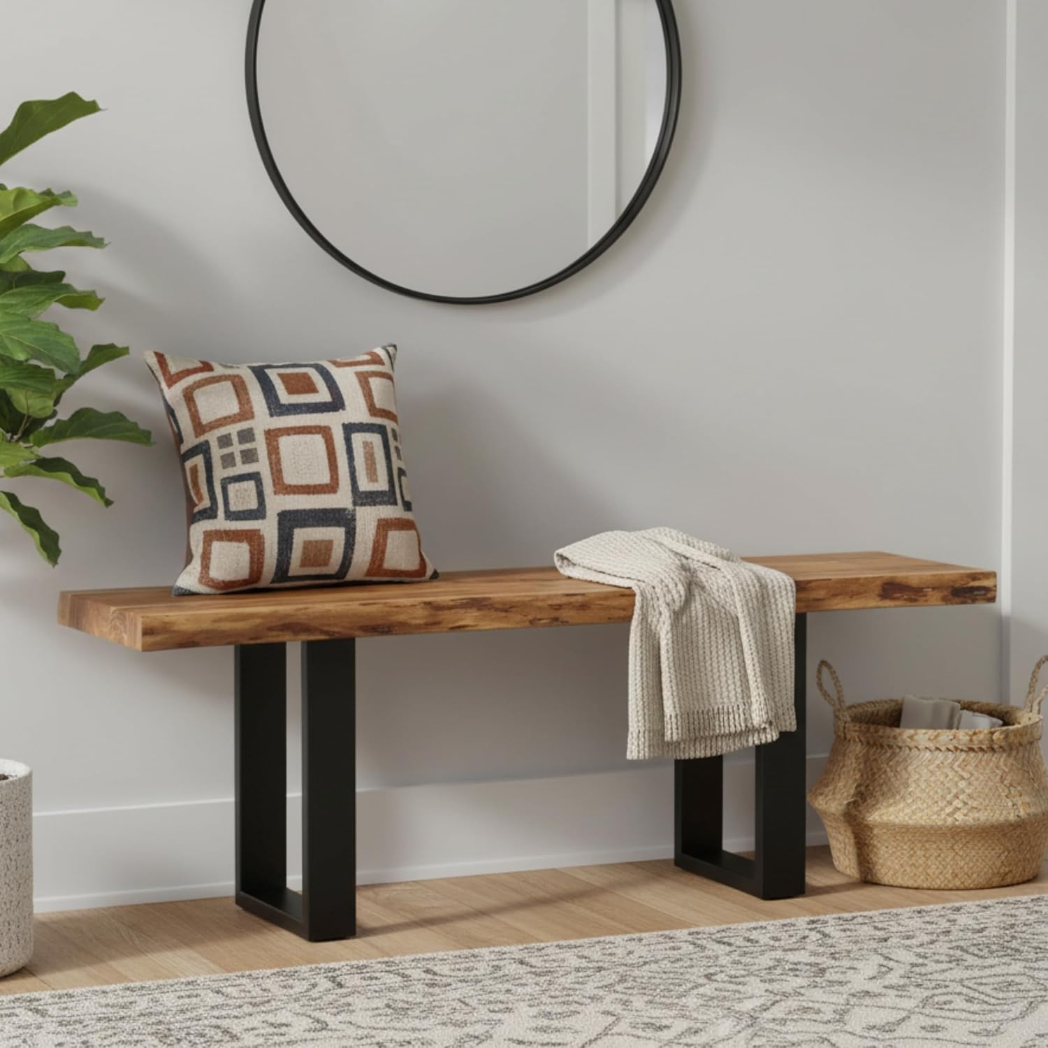 Alaterre Furniture Alpine Live Edge Solid Wood 48" Bench with Metal Legs, Natural