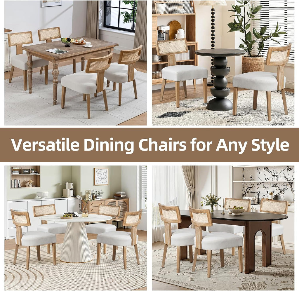 ZJhome Mid-Century Modern Rattan Dining Chairs Set of 4 – Farmhouse Linen Upholstered Accent Chairs with Curved Backrest, Solid Hardwood Frame, and Comfortable Seat for Kitchen & Dining Room – Beige