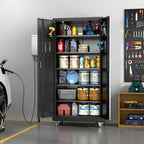 71" H×34" W×18" D Metal Garage Storage Cabinet with Wheels & Pegboard, Lockable Metal Storage Cabinets with 2 Doors&5 Adjustable Shelves for Garage&Home,Assembly Required,Black
