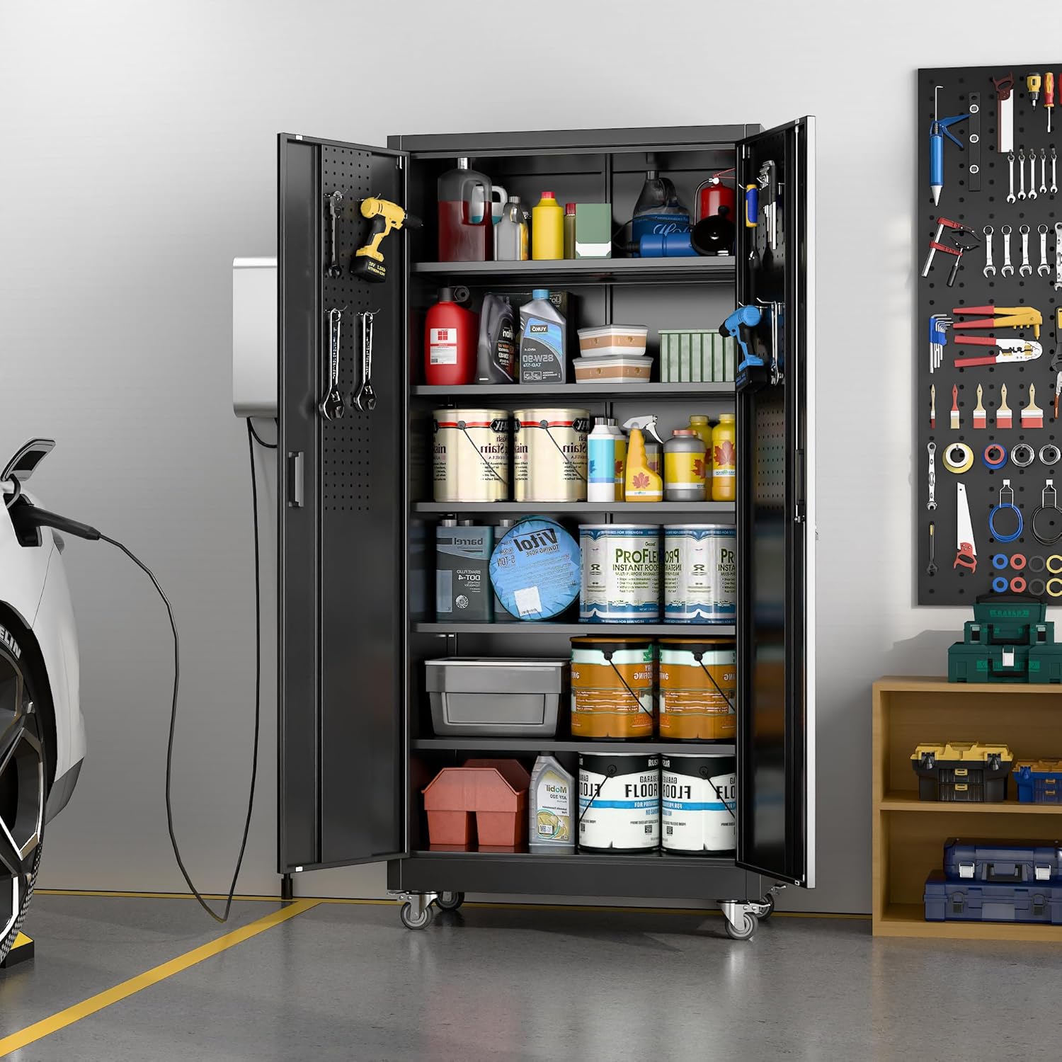 71" H×34" W×18" D Metal Garage Storage Cabinet with Wheels & Pegboard, Lockable Metal Storage Cabinets with 2 Doors&5 Adjustable Shelves for Garage&Home,Assembly Required,Black