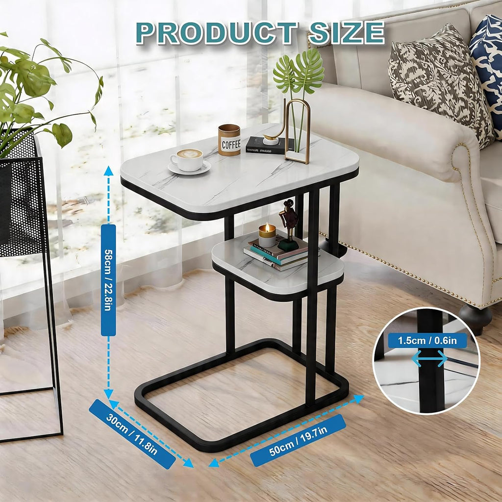 TV Tray Table with Shelf, Metal Frames, Snack Table for Couch, Sofa, Bed, Chair, Living Room, C Shaped End Side Table for Eating, Dinner or Laptop, Small Spaces, Easy Assembly (19.7" x 11.8", White)