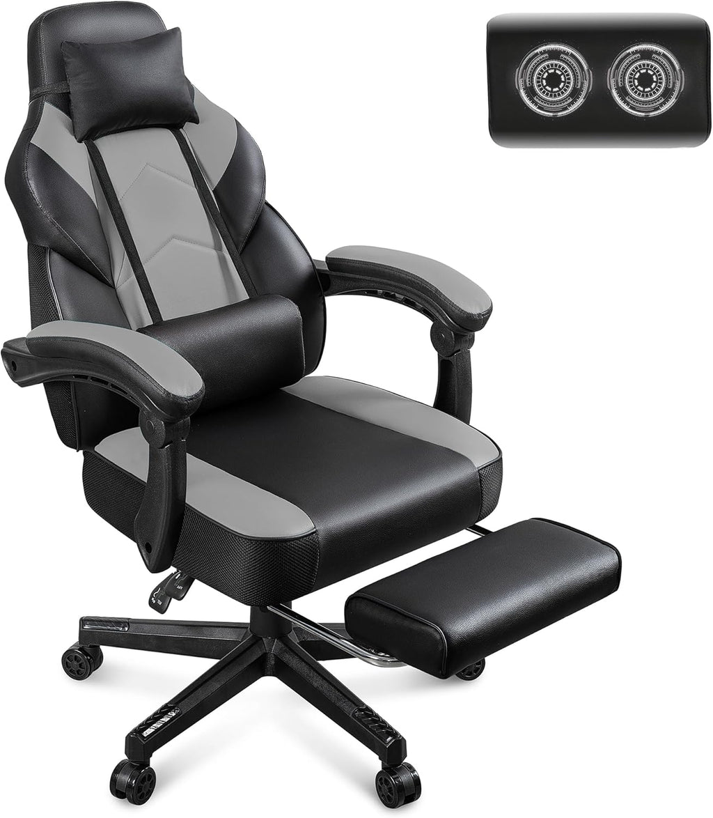 Gaming Chair for Adults, Grey Video Game Chair with Footrest, Big and Tall Gaming Chair Heavy Duty Computer Chair with Massage Lumbar, Ergonomic Adjustable Height and 360° Swivel, PU Leather, Grey