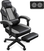 Gaming Chair for Adults, Grey Video Game Chair with Footrest, Big and Tall Gaming Chair Heavy Duty Computer Chair with Massage Lumbar, Ergonomic Adjustable Height and 360° Swivel, PU Leather, Grey
