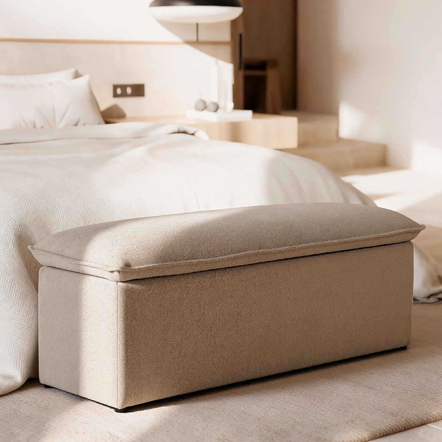 Ya-Home Modern Storage Bench, Upholstered Storage Ottoman Chenille Fabric with Seating Entryway Bench for Bedroom Living Room, Oatmeal