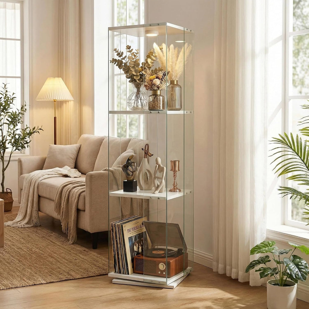 Glass Display Cabinet with Rotating Base, Curio Cabinet with LED Light, 3-Shelf Tempered Glass Display Case for Collectibles, Curio Display Cabinet forLiving Room,Home Decor, White