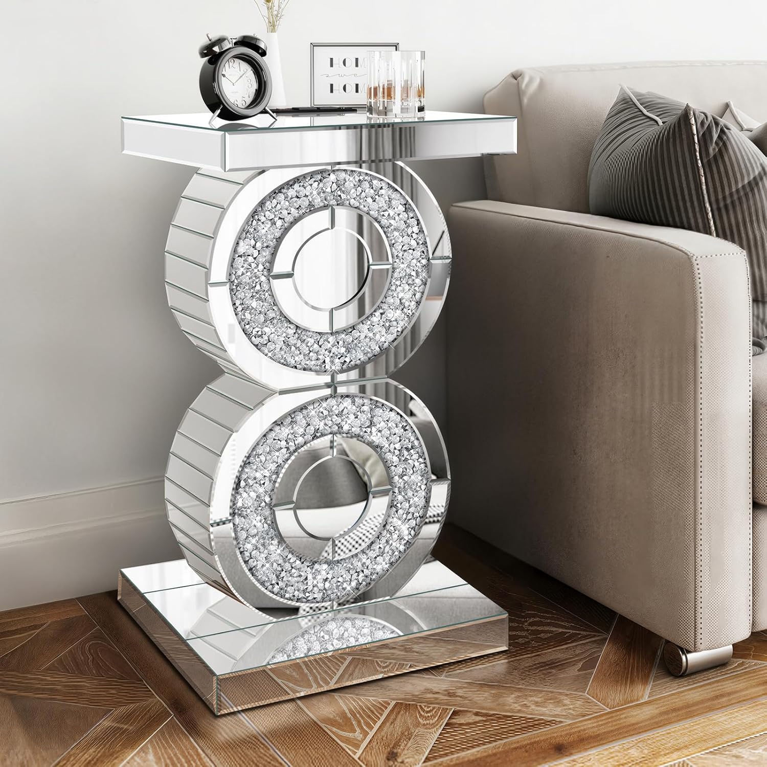 Pregaspor Crushed Diamond Mirrored End Table, Unique Side Table with Crystal Inlay,Coffee Table for Living Room Bedroom