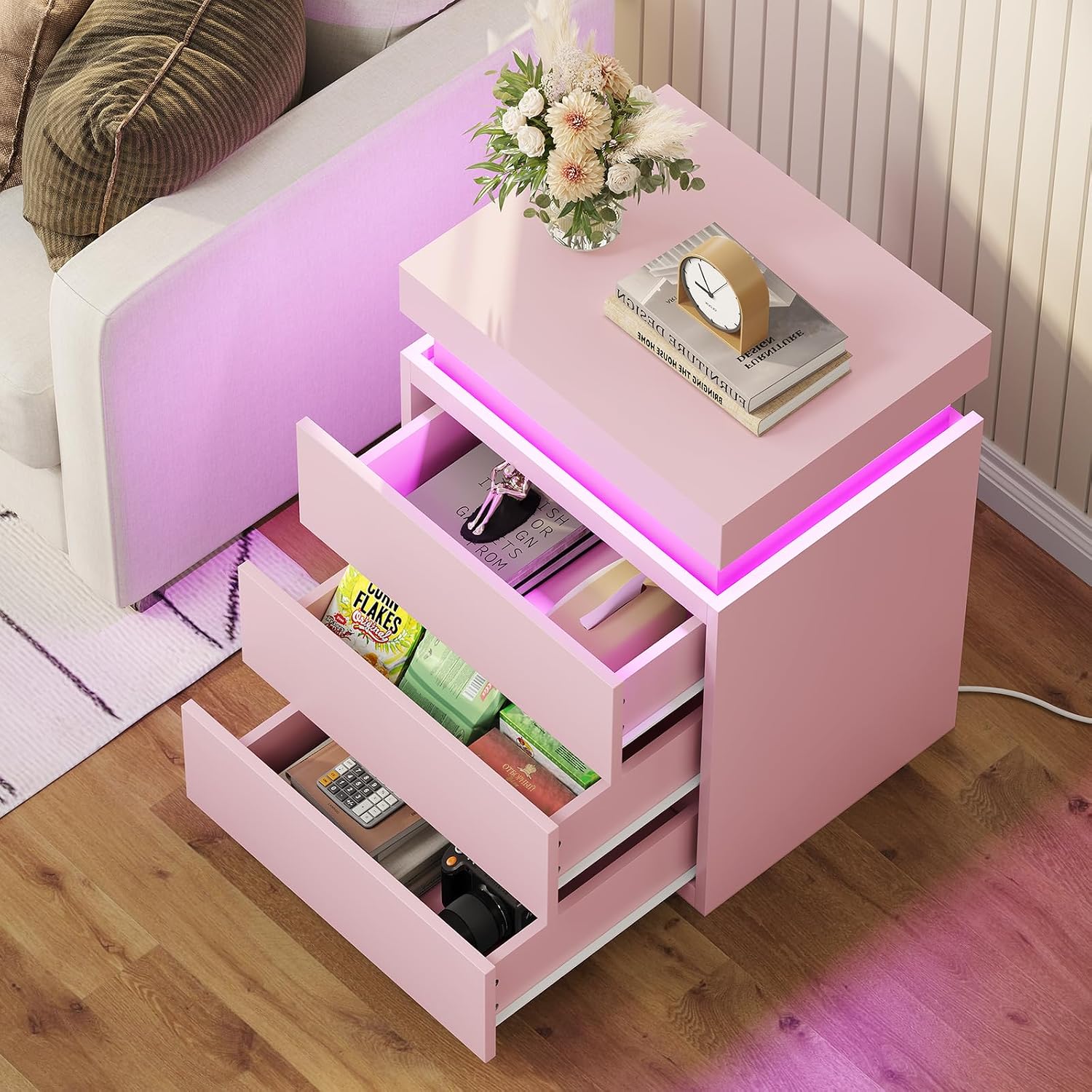 BTHFST LED Pink Nightstands Set of 2 with Charging Station | Nightstand with Sliding Top,Bedside Table with Power Outlets & Drawers,Modern Side Table