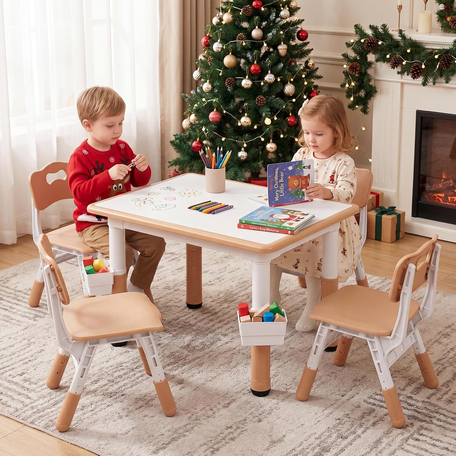 Costzon Kids Table and 4 Chairs, Height Adjustable Toddler Desk Set w/Easy-to-Wipe Graffiti Desktop & 2 Storage Basket for Home, Classroom, Daycare, Playroom, Art Study Table Set (Natural, 5 PCS)