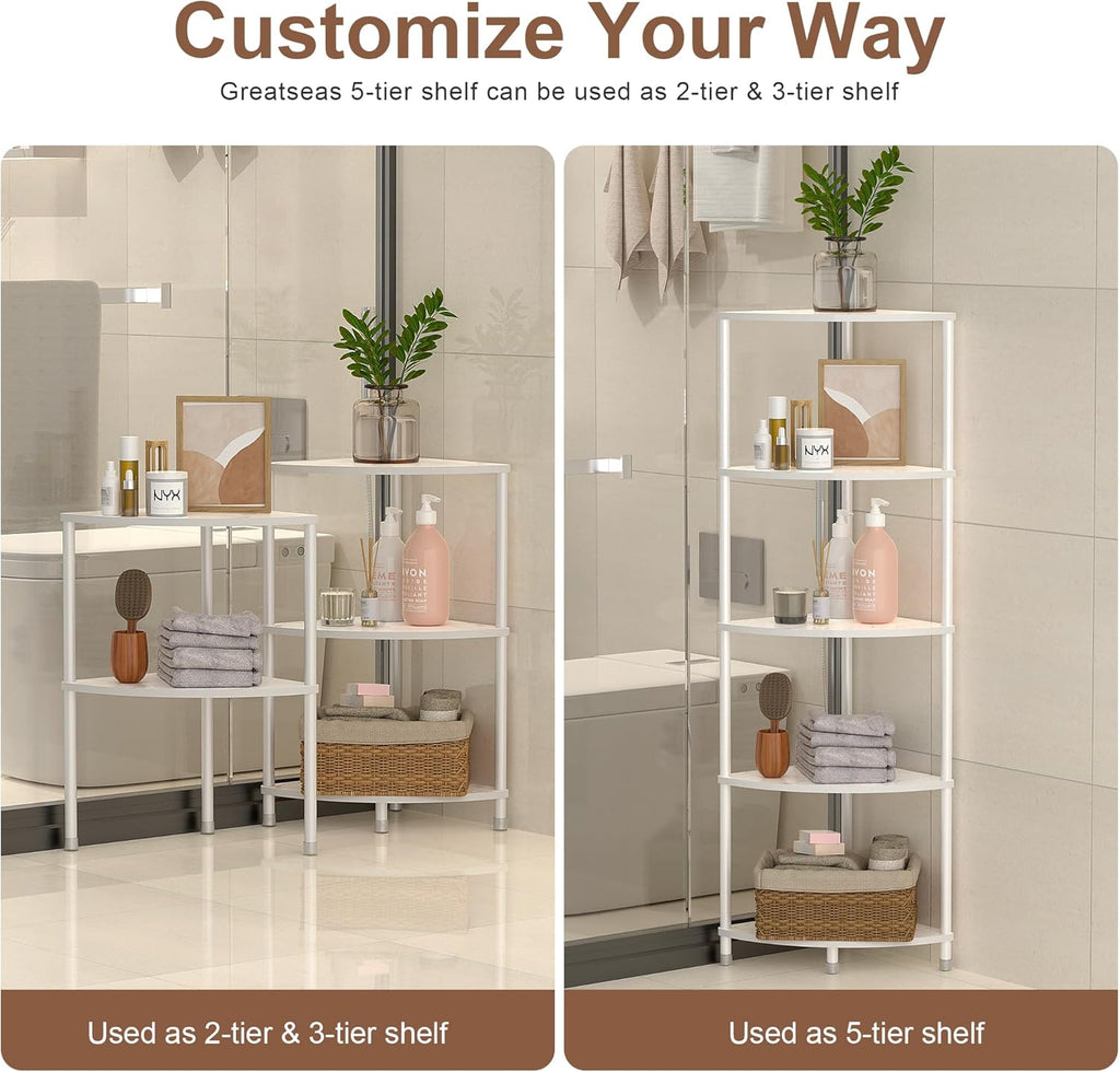 5 Tier Corner Shelf Stand, 44.1" Kitchen Shelf Organizer with Metal Frame, Small Corner Shelf for Bathroom Organization & Storage, Marble White Corner Shelf for Kitchen Decor Accessories