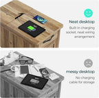 LINSY HOME Farmhouse End Table with Charging Station, Narrow Side Table for Living Room, Sofa Side Table with Drawer and Storage Cabinet, Small Nightstand for Home Office