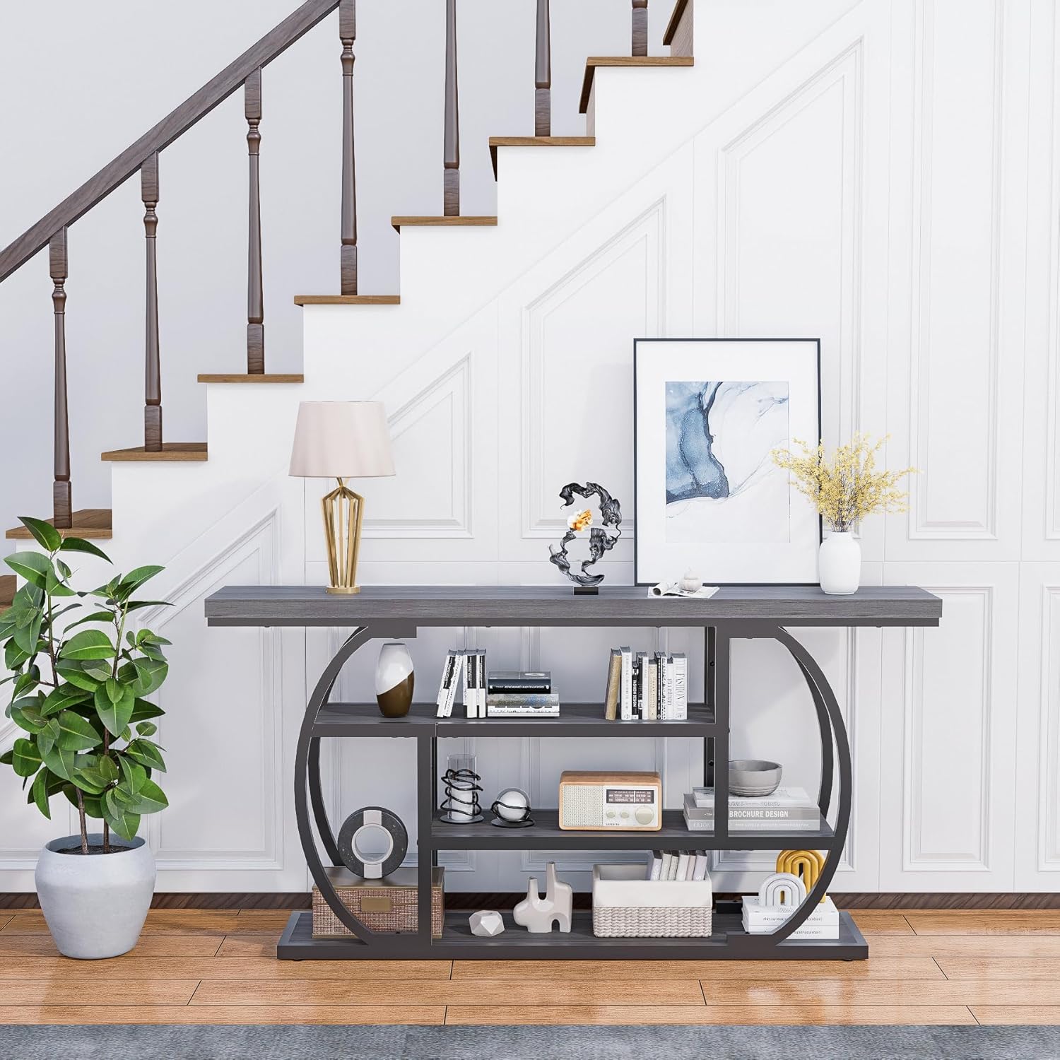 63” Industrial Console Table with 4-Tier Display Shelves, Narrow Long Sofa Table Behind Couch, Entryway/Hallway/Foyer Accent Table with Metal Frame for Living Room (Gray) (Grey)
