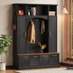 Merax 59" Farmhouse Hall Tree with Golden Hooks & Walnut Bench, Entryway Organizer with Adjustable Shelves, Shoe Storage, Anti-Tip for Mudroom, Living Room, Black