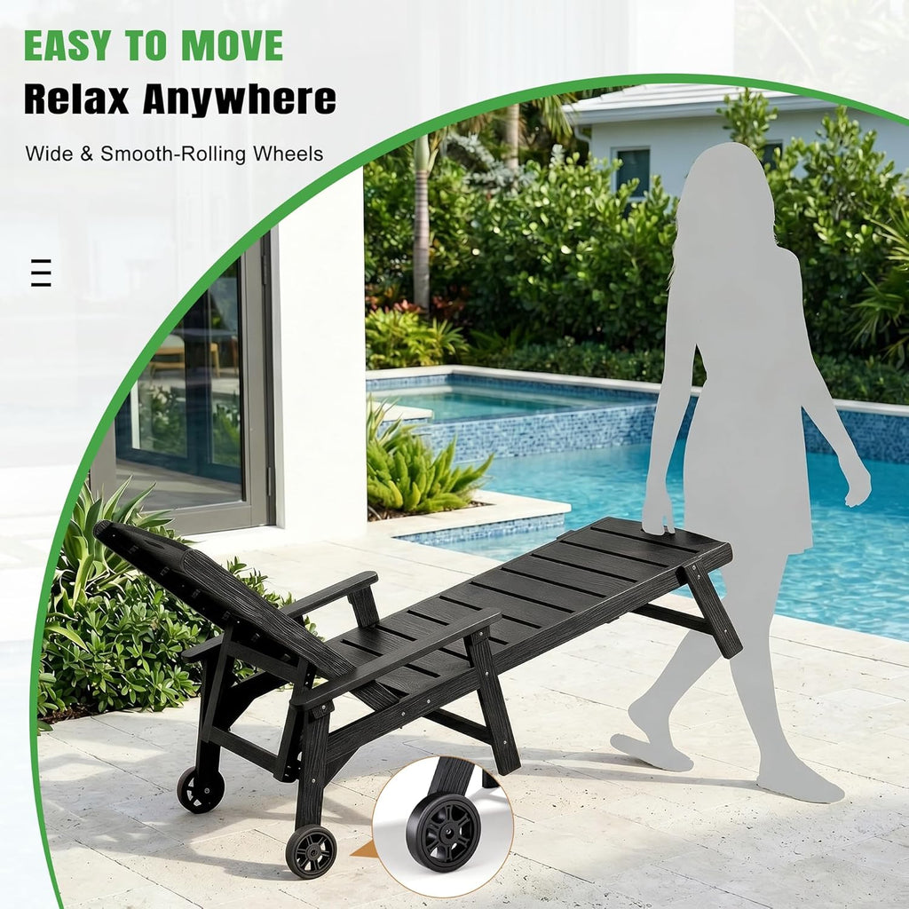 Outdoor Lounge Chair Set of 4 with 5-Position Adjustable, Outside Lounge Chair with Cup Holder, Wheels for Easy Mobility, HDPE Tanning Chair for Poolside, Patio, Black