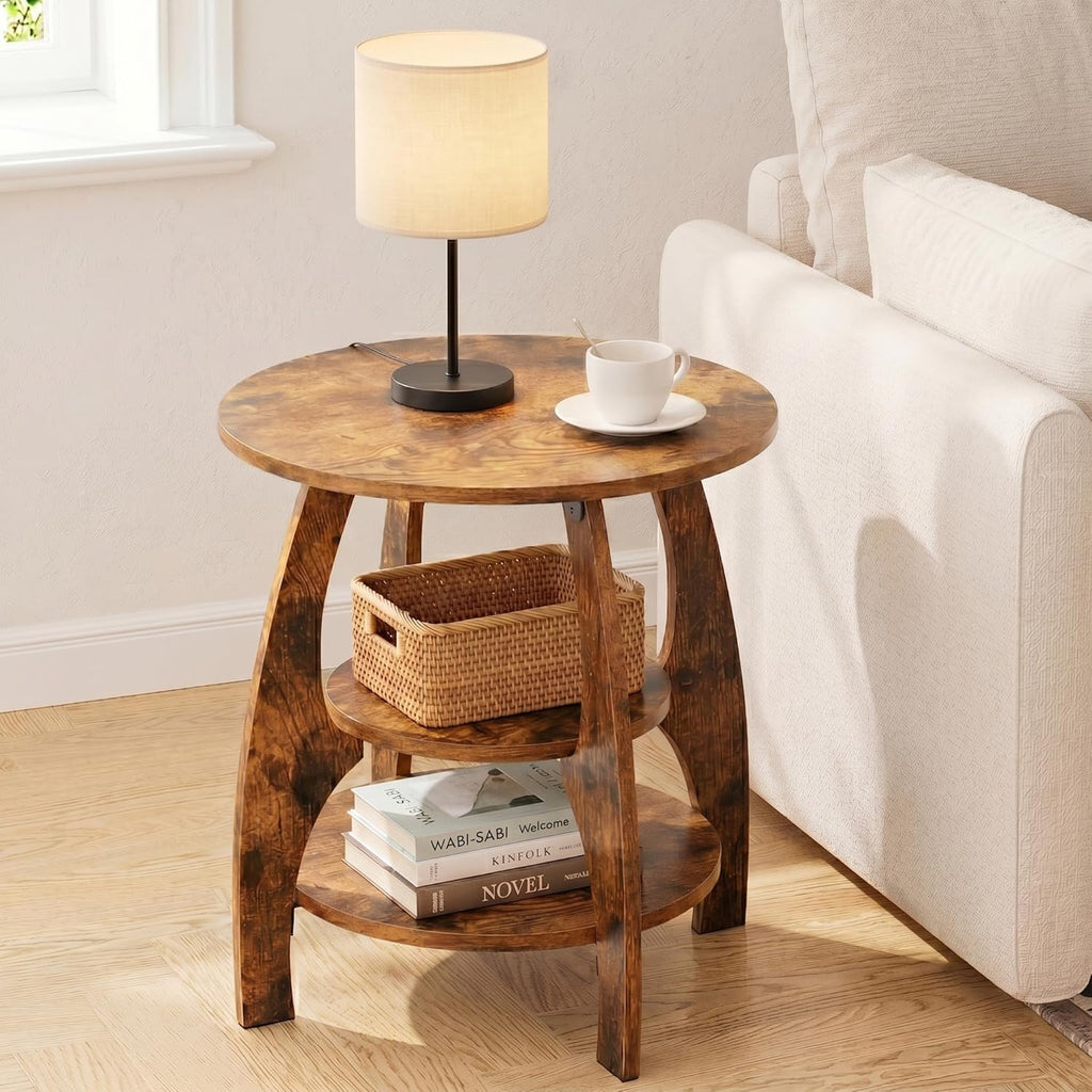 Masupu Round Side Table, 3-Tier Wood End Table, 19.7 inch Accent Table, Mid Century Modern Nightstand for Small Spaces, Living Room, Bedroom, Easy Assembly(Rustic Brown)