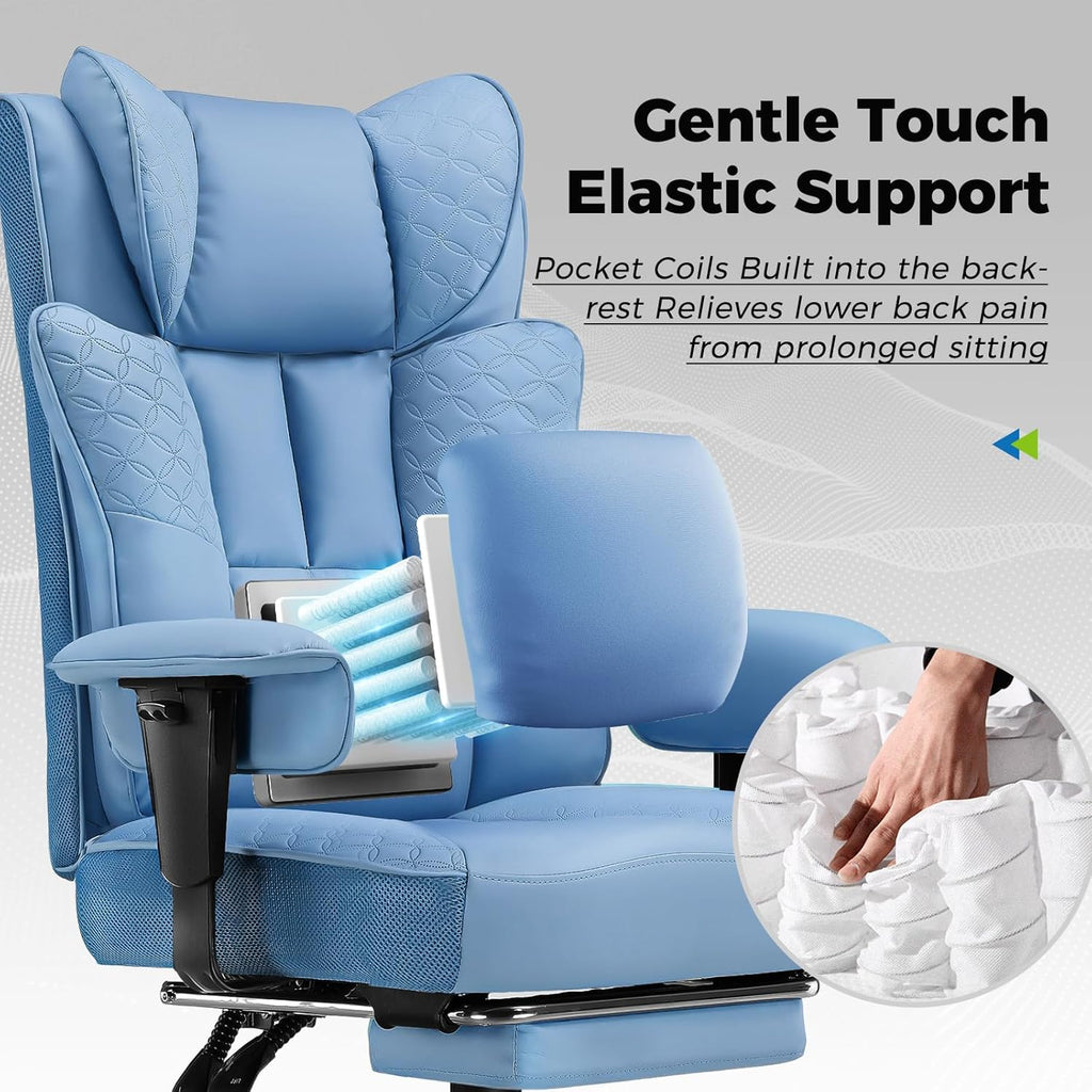 GTPLAYER Big and Tall Office Chair, Wide Ergonomic Gaming Chair with Deluxe Embossing Designed Leather with Foot Rest,150°Reclining Adjustable Soft Armrests Pocket Spring Back Support and Pillow
