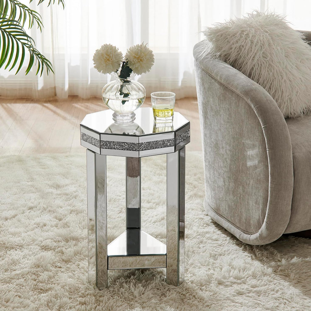 IKIFLY Mirrored End Table with 2-Tier, Crushed Diamond Nightstand with Octagonal Tabletop, Silver Accent Beside Table with Storage for Living Room, Bedroom and Office
