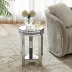 IKIFLY Mirrored End Table with 2-Tier, Crushed Diamond Nightstand with Octagonal Tabletop, Silver Accent Beside Table with Storage for Living Room, Bedroom and Office
