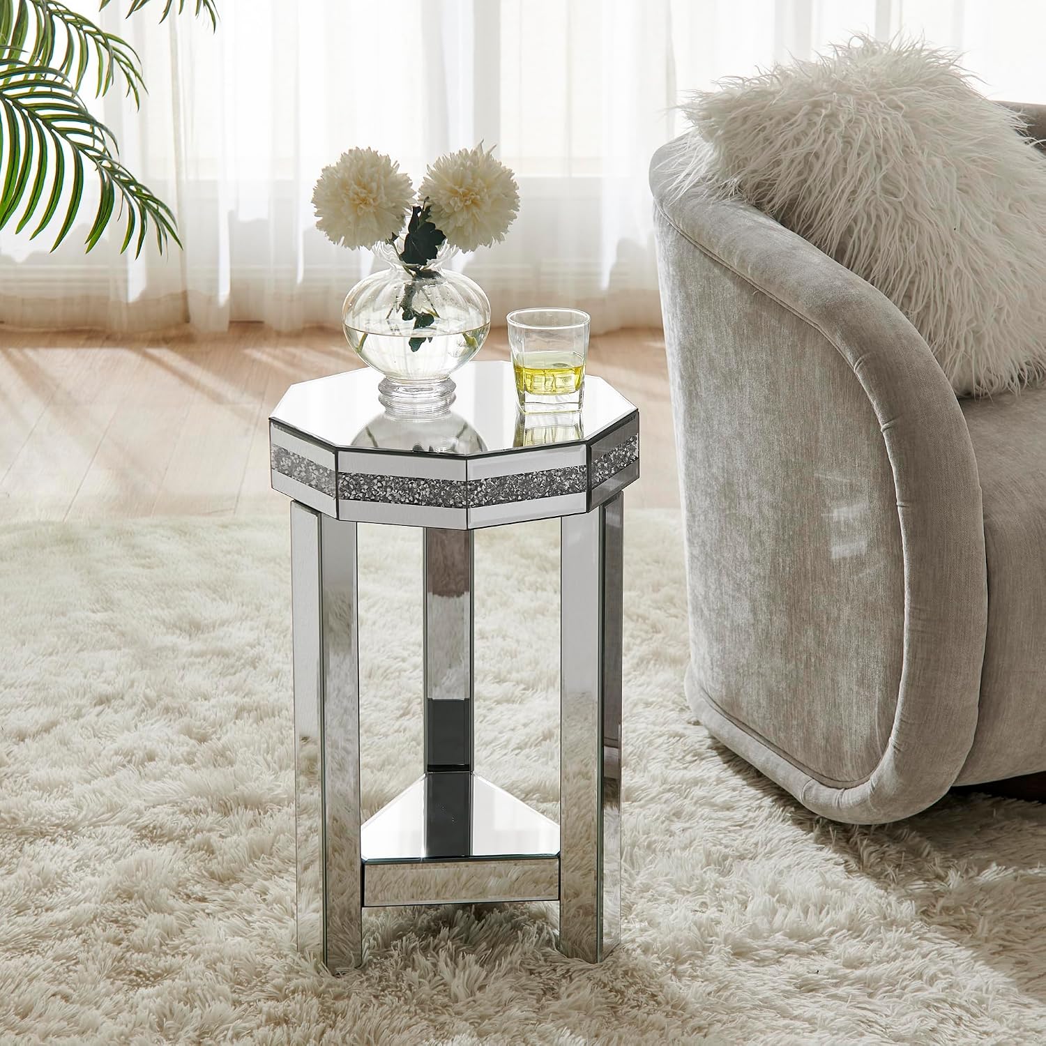 IKIFLY Mirrored End Table with 2-Tier, Crushed Diamond Nightstand with Octagonal Tabletop, Silver Accent Beside Table with Storage for Living Room, Bedroom and Office