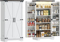 HOMCOM 47" LED Kitchen Pantry Cabinet, Farmhouse Storage Cabinet with 5 Deep Shelves and 12 Door Shelves, Freestanding Food Pantry with Barn Door, White