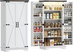 HOMCOM 47" LED Kitchen Pantry Cabinet, Farmhouse Storage Cabinet with 5 Deep Shelves and 12 Door Shelves, Freestanding Food Pantry with Barn Door, White