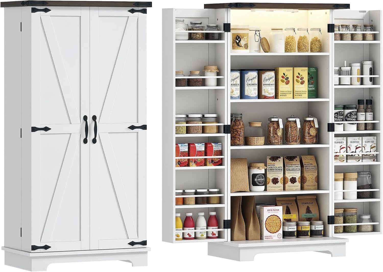 HOMCOM 47" LED Kitchen Pantry Cabinet, Farmhouse Storage Cabinet with 5 Deep Shelves and 12 Door Shelves, Freestanding Food Pantry with Barn Door, White