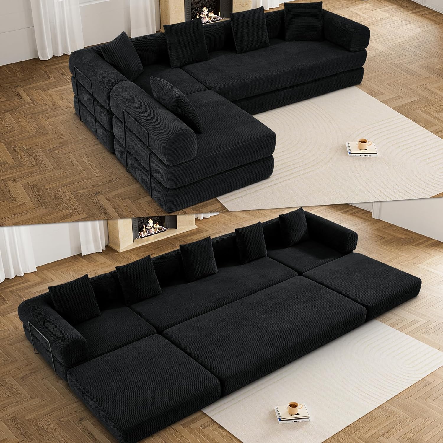 DAMAIFROM Convertible Sleeper Sofa Bed with Cylindrical Pillow,Corduroy Folding Mattress Couch with Fixed-Shape Frame,Modular Floor Sofa Lounge Couch for Living Room Bedroom Lounge,158.6",Black