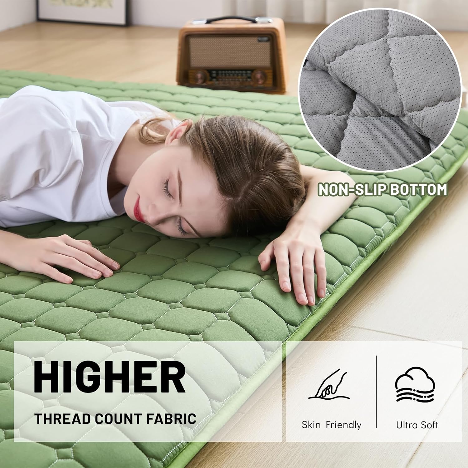 Zelladorra Japanese Floor Mattress Queen, Anti-Slip Japanese Futon Roll Up Tatami Mat for Guests, Green