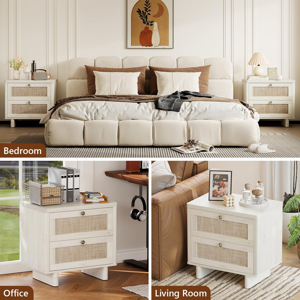LAZZO White Nightstands Set of 2 with Rattan Drawers, Modern Bedside Table | 23.6 inch Night Stand with Large Storage Space for Bedroom Living Room Office, White Oak Texture, 4 Vintage Brass Handles