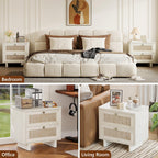 LAZZO White Nightstands Set of 2 with Rattan Drawers, Modern Bedside Table | 23.6 inch Night Stand with Large Storage Space for Bedroom Living Room Office, White Oak Texture, 4 Vintage Brass Handles