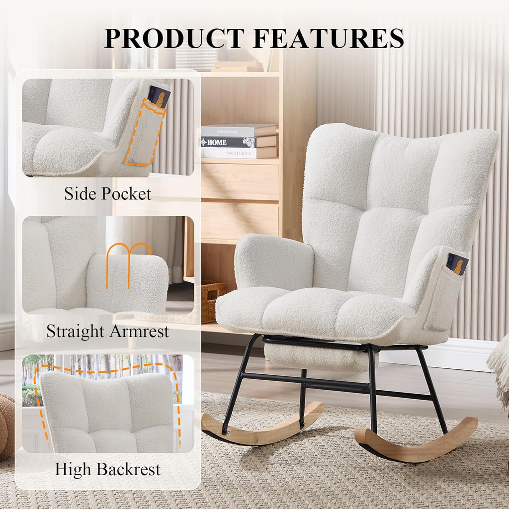 Nursery Rocking Chair with Footrest, Teddy Upholstered Glider Rocker with Side Pocket, Leisure Rocker Chair with High Back, Recliner Rocking Chair, Accent Reading Chair for Bedroom (White)