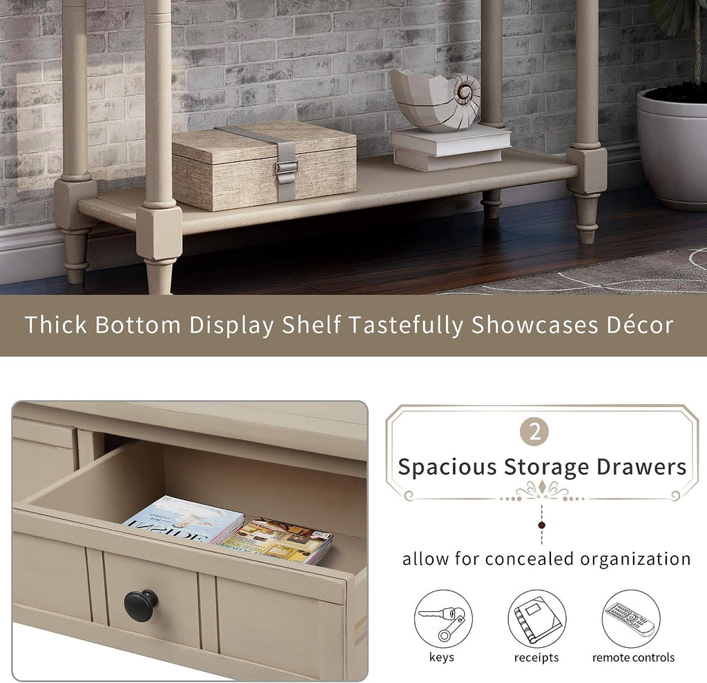 GDFStudio Daisy Series Console Table, Retro Grey Solid Pine Wood Frame with Two Storage Drawers and Bottom Shelf, Traditional Vintage Accent Furniture for Entryway, Living Room, or Dining Room