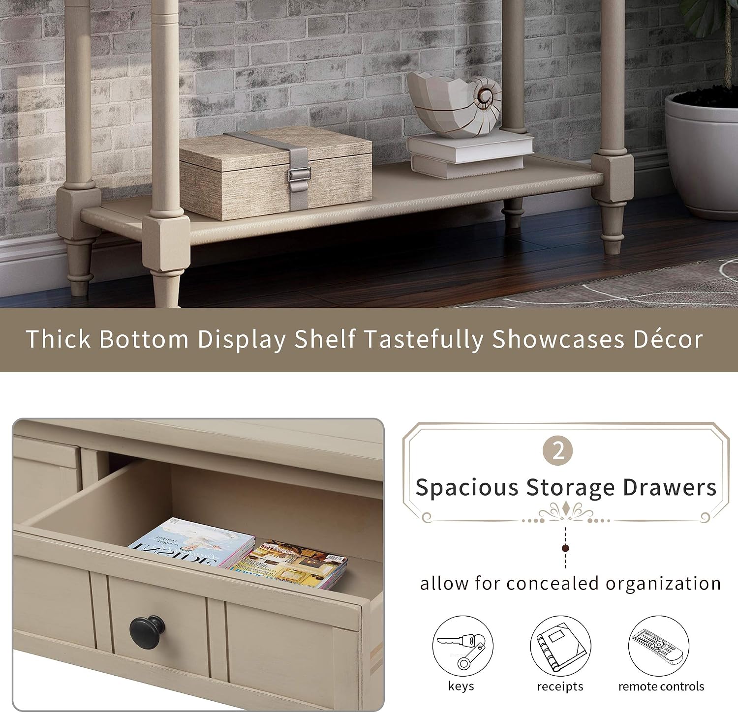 GDFStudio Daisy Series Console Table, Retro Grey Solid Pine Wood Frame with Two Storage Drawers and Bottom Shelf, Traditional Vintage Accent Furniture for Entryway, Living Room, or Dining Room