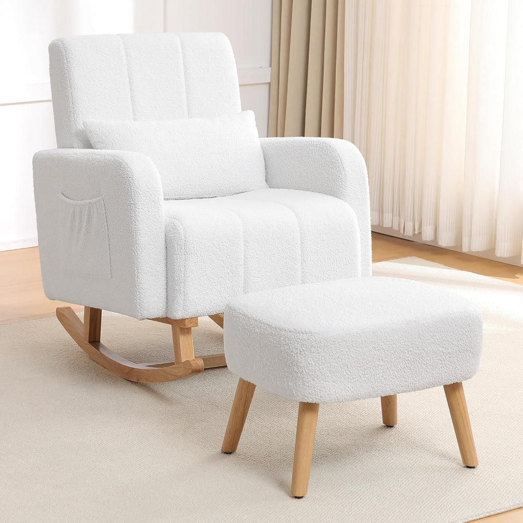 HCHAIRH Rocking Chair with Ottoman, Upholstered Glider Rocker with High Backrest and Side Pocket, Comfy Reading Chair with Solid Wood Legs for Nursery, Living Room,Bedroom White