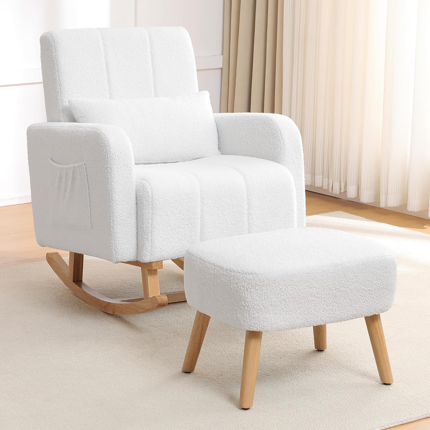 HCHAIRH Rocking Chair with Ottoman, Upholstered Glider Rocker with High Backrest and Side Pocket, Comfy Reading Chair with Solid Wood Legs for Nursery, Living Room,Bedroom White