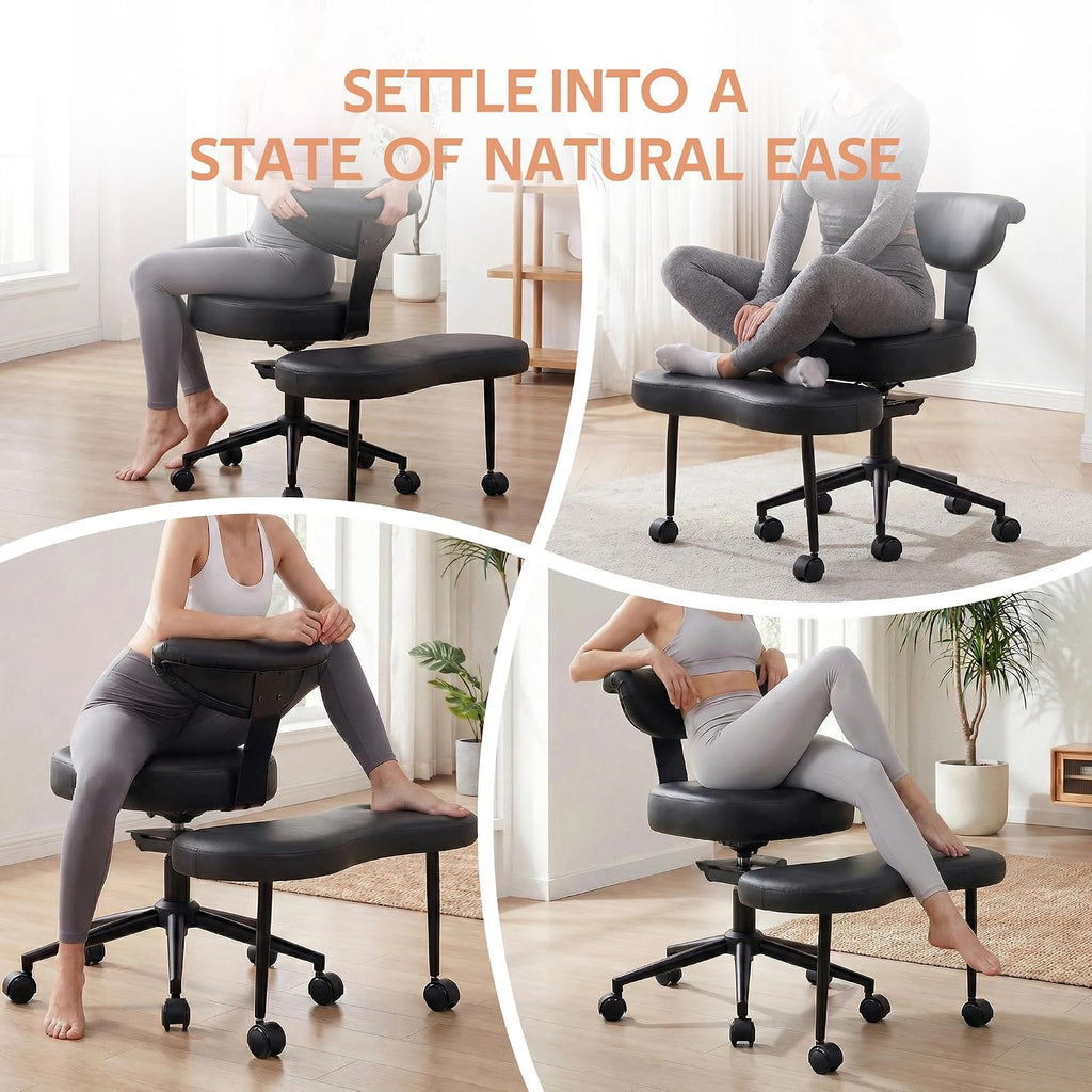 Ergonomic Cross-Legged Office Chair – Adjustable Height, Enhanced Lumbar Support, 360° Swivel, Wide Meditation & Yoga Kneeling Seat, Sturdy Steel Base, Wheels – PU Leather Black