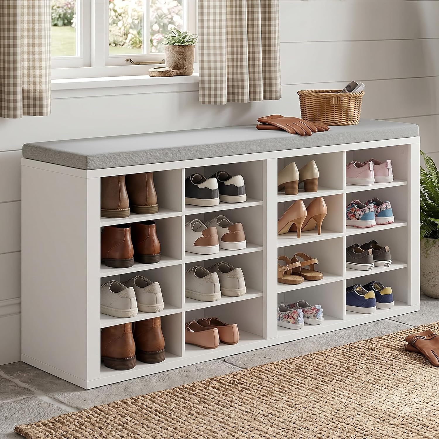 Shoe Rack Bench, Shoe Storage Bench with Cushion, Shoe Organizer 16 Cubbies for Entryway Hallway Bedroom Living Room, Holds Up to 400lbs