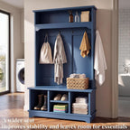 Hall Tree with Bench and Shoe Storage, Entryway Hall Tree, Large Mudroom Bench with Coat and Shoe Rack, 5+ Hooks, Multi Shoe Cubbies & Top Shelf, Sturdy Storage Bench,Blue