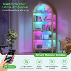 HNEBC Arched Display Case with RGB Lights, 69" Tall 5-Tier Tempered Glass Display Cabinet with Doors, LED Curio Cabinet with Shelf, Bookcase with Music-Synced Lighting for Living Room(Natural)
