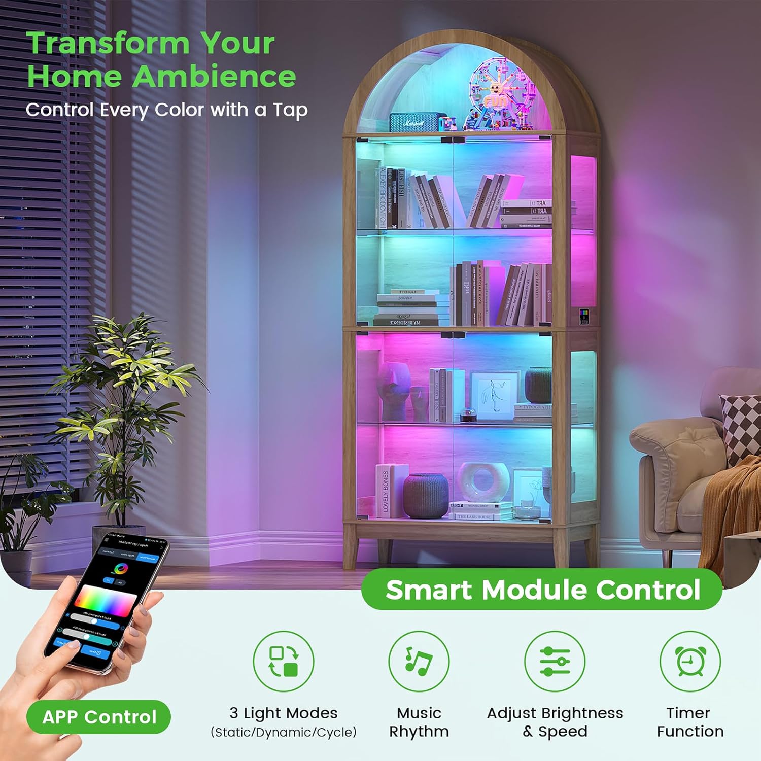 HNEBC Arched Display Case with RGB Lights, 69" Tall 5-Tier Tempered Glass Display Cabinet with Doors, LED Curio Cabinet with Shelf, Floor Standing Bookcase for Living Room(Natural)