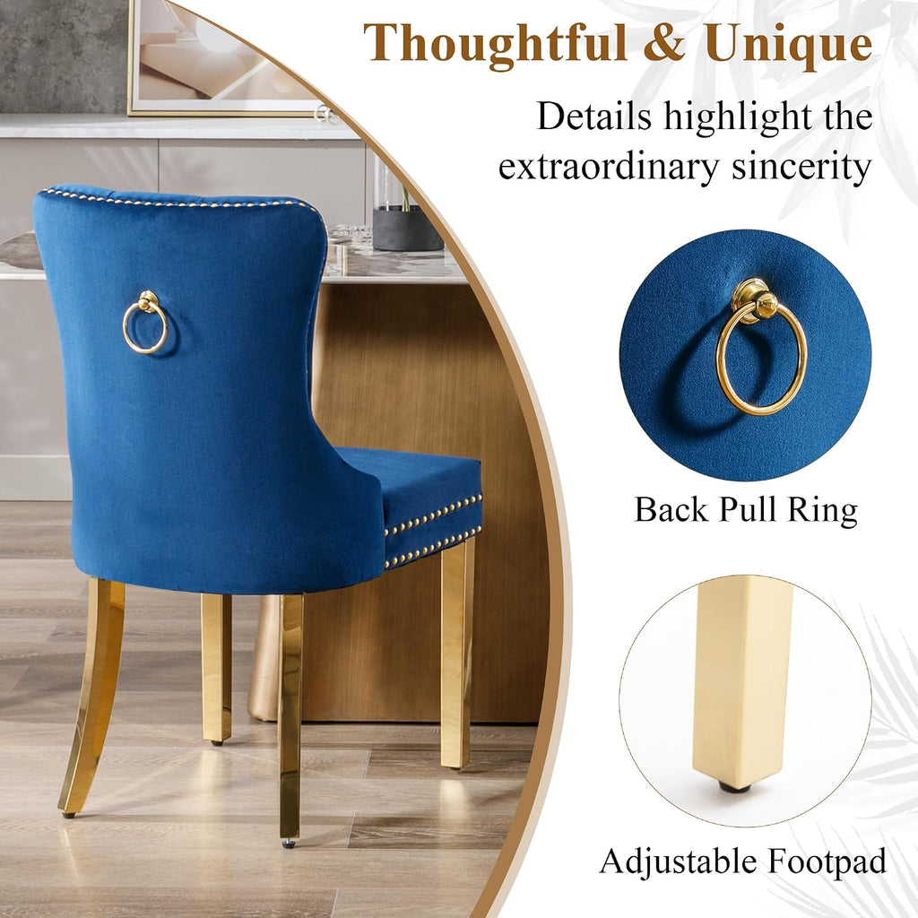 civama Dining Room Chairs Set of 6, Velvet Nikki Collection Dining Chair Upholstered Modern Tufted Kitchen Chair with Nailhead Back Pull Ring Golden Steel Legs, Blue