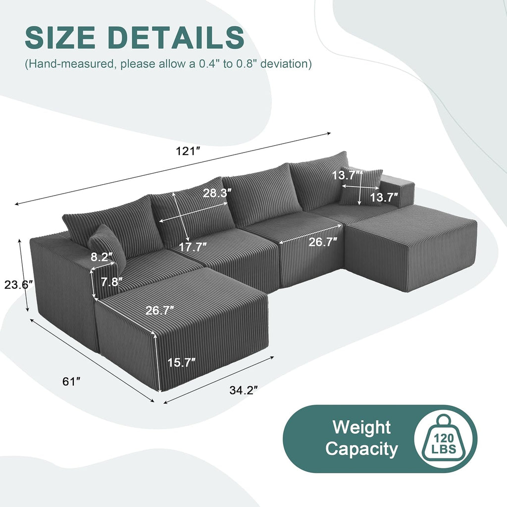 Weture 121''Modular Sectional Sofa with 2 Ottoman, Boneless couches for Living Room Furniture, Comfort U Shaped Sofa, Deep Seat Corner Couch, No Assembly Required（Gray, Corduroy）