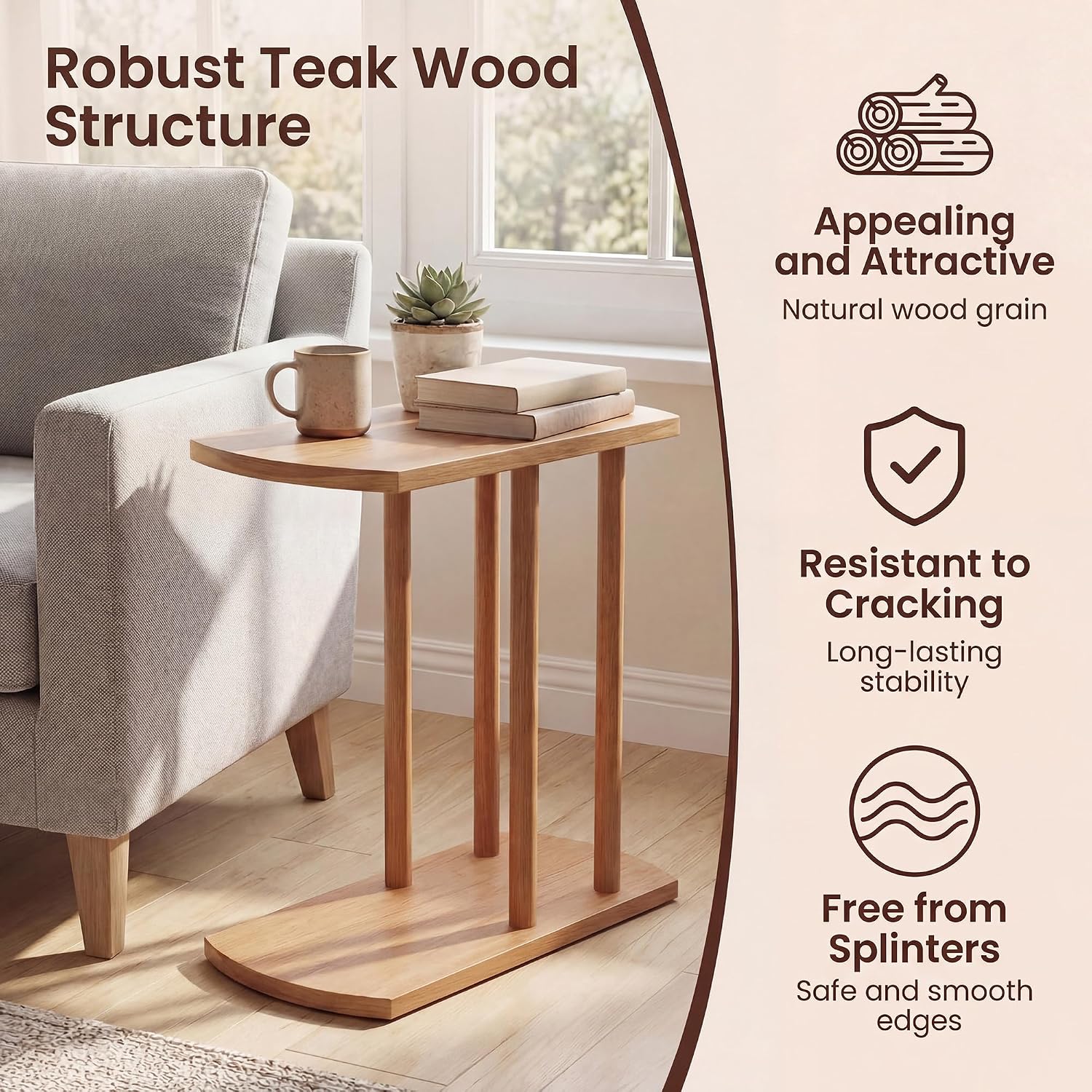 COSTWAY Solid Teak C-Shaped Side Table, Natural Slim 2-Tier End Table with Thick Top & Stable Base, Space-Saving Couch Table for Living Room Bedroom Small Spaces (1)