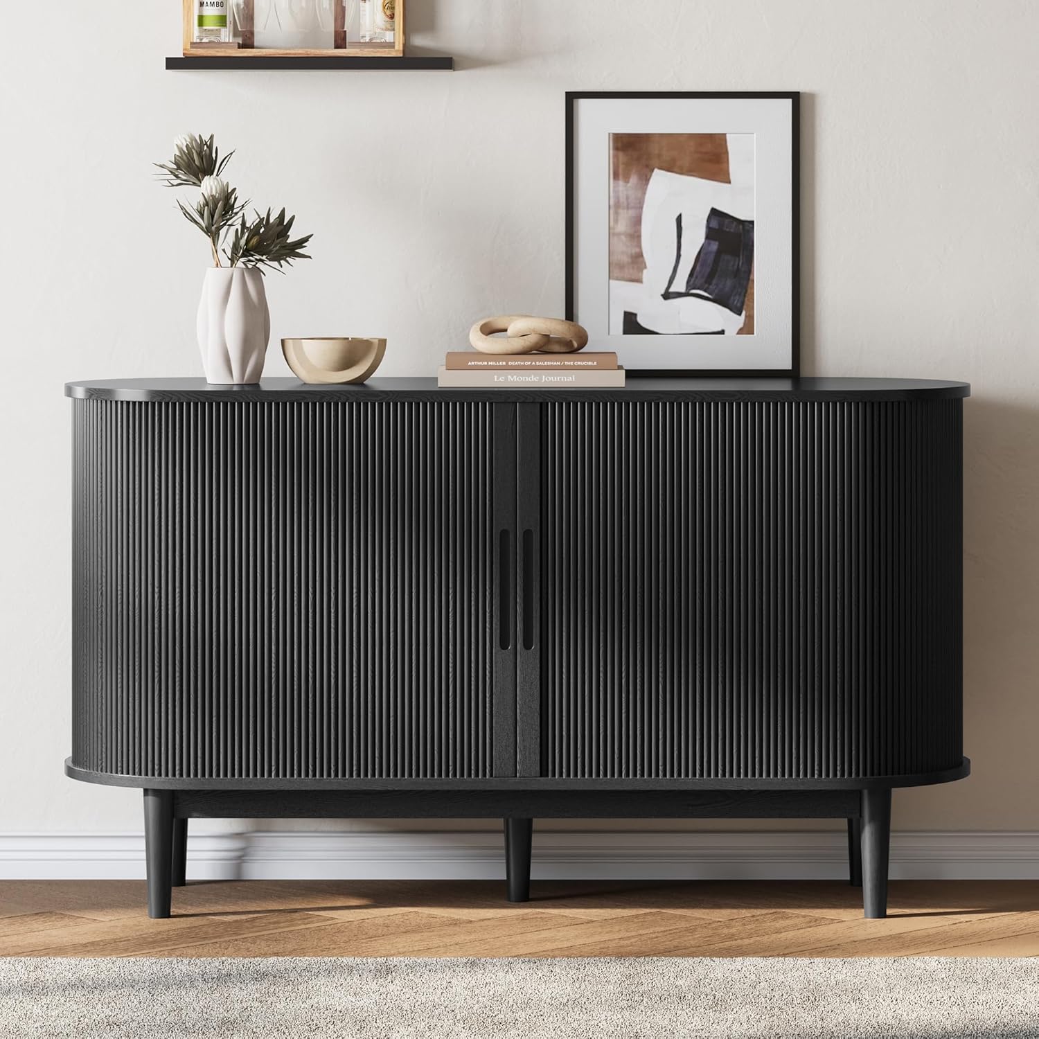 LINSY HOME 55" Sideboard Buffet Cabinet,Tambour Sliding Doors & Drawer | Black Fluted Coffee Bar Cabinet with Large Storage, Mid Century Modern Wood Storage Buffet Table for Kitchen, Living Room